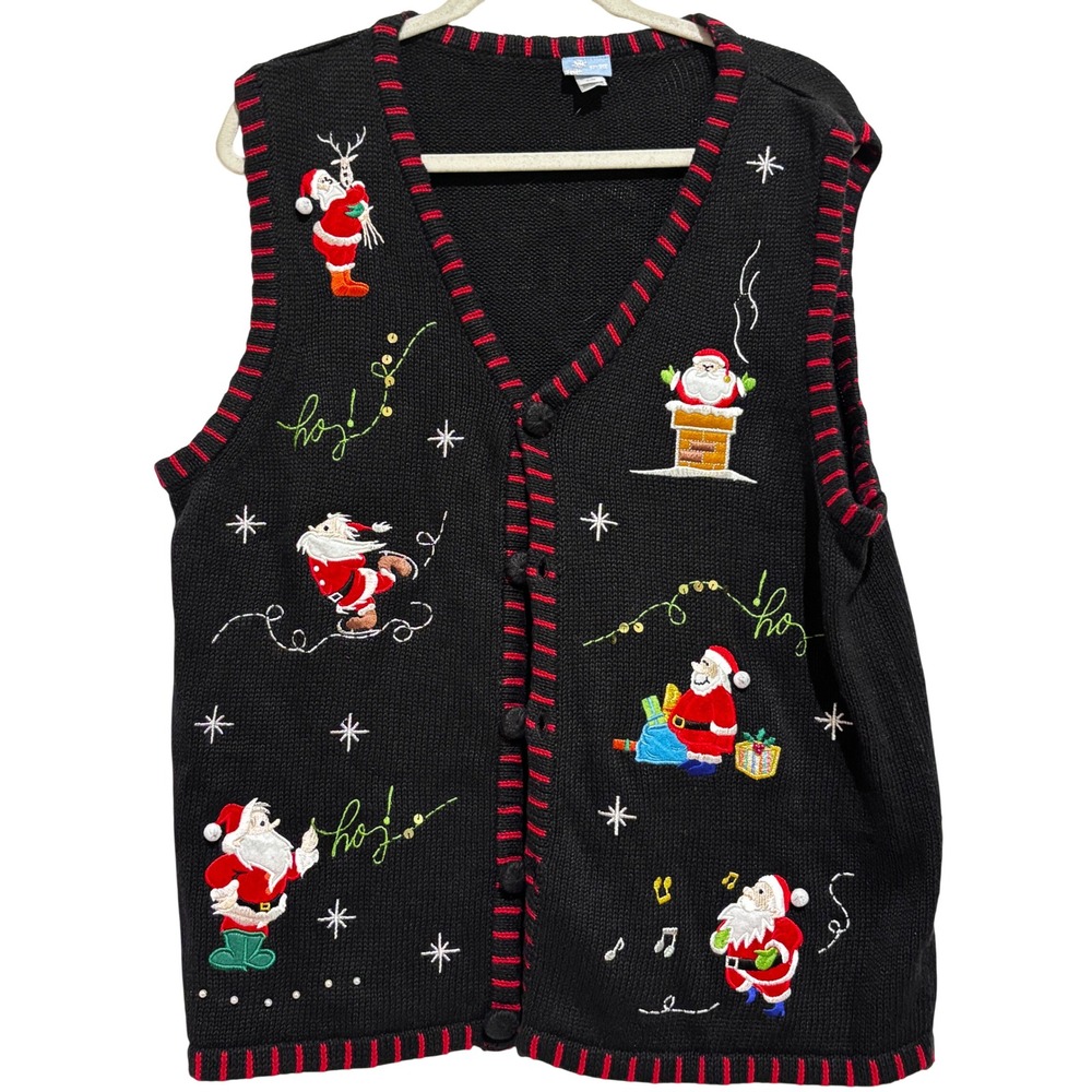 Vintage Holiday Editions Black Santa Claus Embroidered Christmas Sweater Vest XL